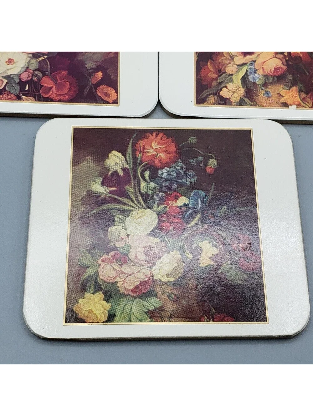 Vintage Paper Backed Coasters Antique Floral Arrangements Set of 5
